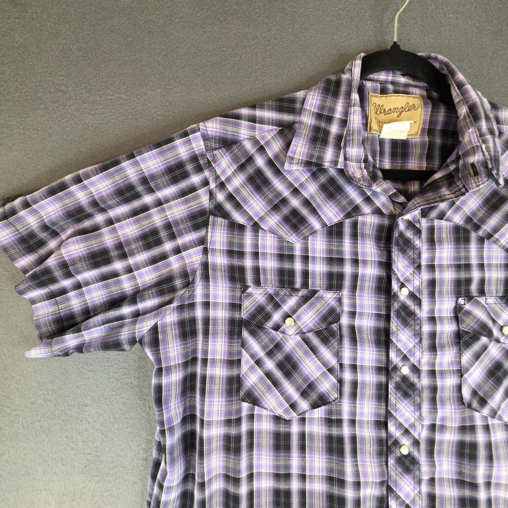 Wrangler Western Fashion Shirt Mens Large Purple Plaid Short Sleeve Pearl Snap